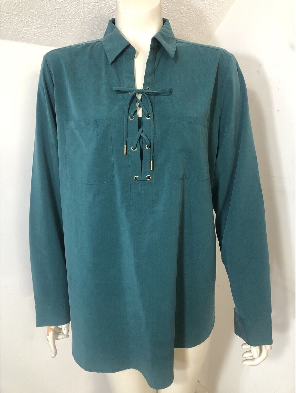 Chicos Womens 2 Medium Teal Pullover Tunic Top Front Laces Up Pockets